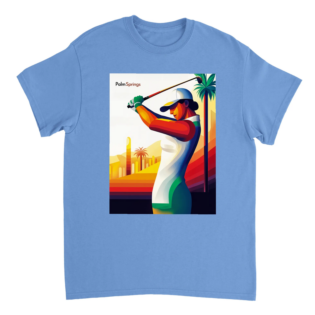 ゴルフパームスプリングスTシャツ。快適なコットン素材で、パームスプリングスの活気ある雰囲気を表現。ゴルフ愛好者や日差しを楽しむ人に最適な一枚です。