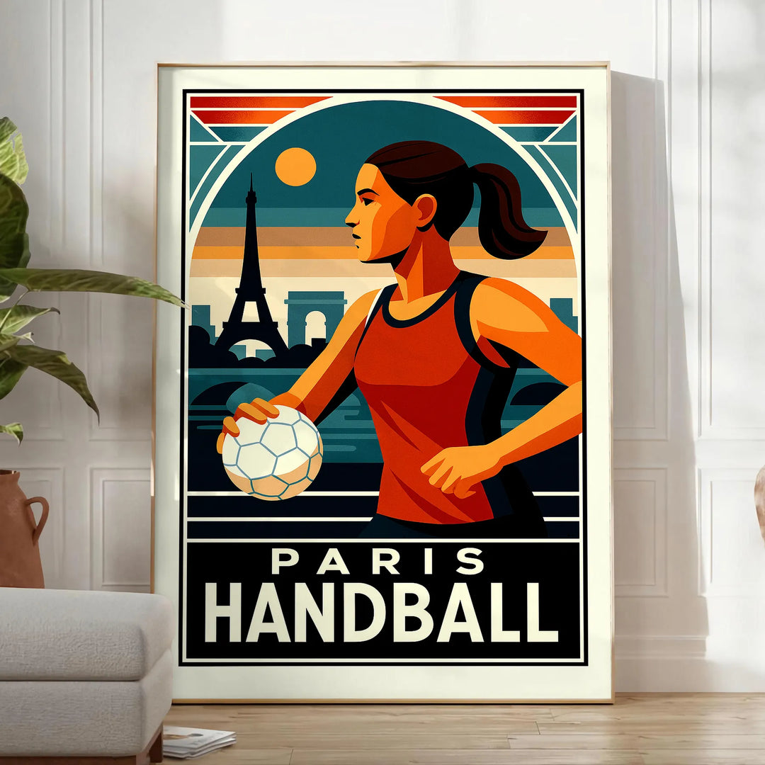 2024年パリオリンピックのハンドボールポスター。スポーツ愛好者にぴったりの鮮やかなデザインで、あなたの空間にゲームの興奮をもたらします。サイズは50x70 cmまたは30x40 cmから選べます。