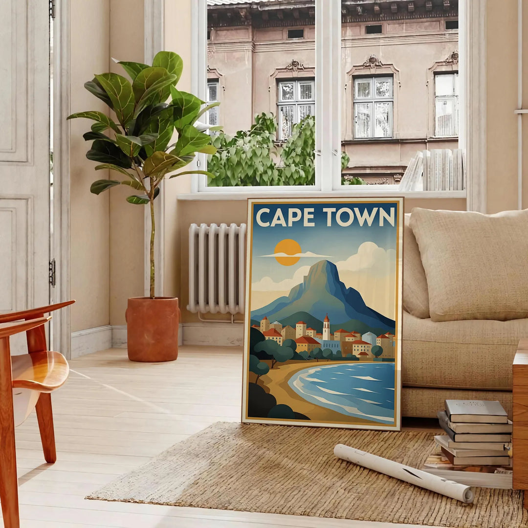 charm Cape Town vintage travel poster Art Deco style stunning orange blue hues perfect touch nostalgia room captivating today convenience