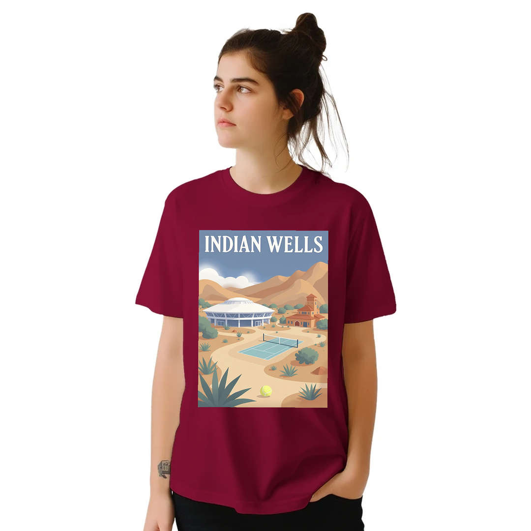 インディアンウェルズのテニスを祝うTシャツ。アメリカのテニスイベントのファンに最適なスタイリッシュなデザイン。柔らかく通気性のあるコットン素材で快適さを提供します。