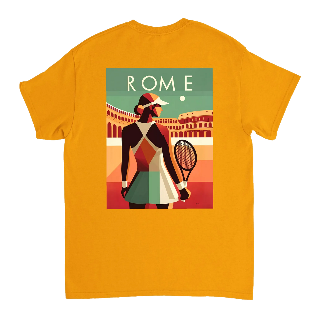 情熱的なファンとスタイリッシュなアスリートのためにデザインされたローマテニスTシャツ。コート内外での着用に最適な鮮やかなテニスグラフィックが特徴。柔らかく通気性のあるコットン素材で快適さを提供します。