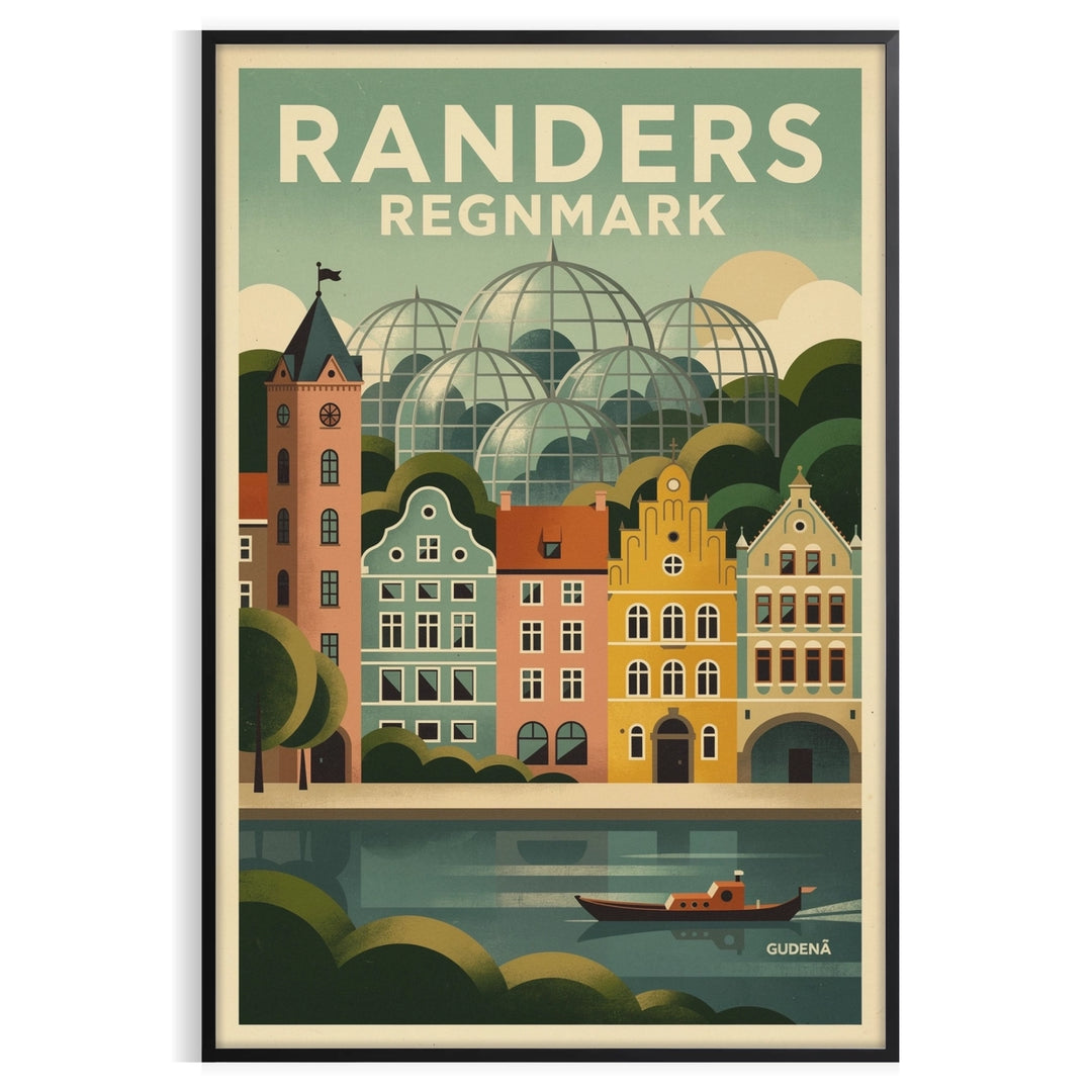 Art Déco Randers, Denmark travel poster in brown and green vintage style