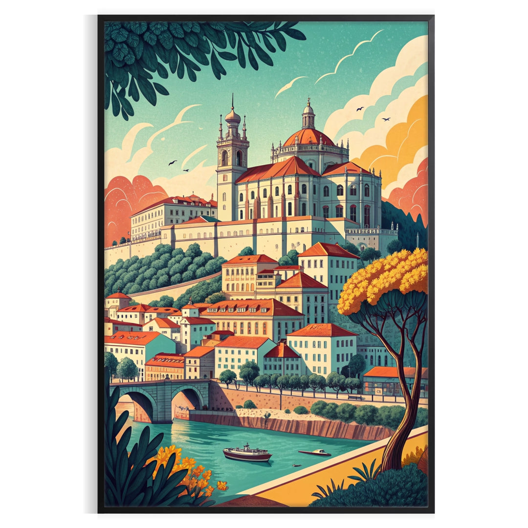 Coimbra Portugal Art Déco poster featuring stylized gray and brown cityscape, vintage
