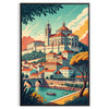 Poster Coimbra Portogallo Art Déco con veduta cittadina stilizzata grigio e marrone, vintage