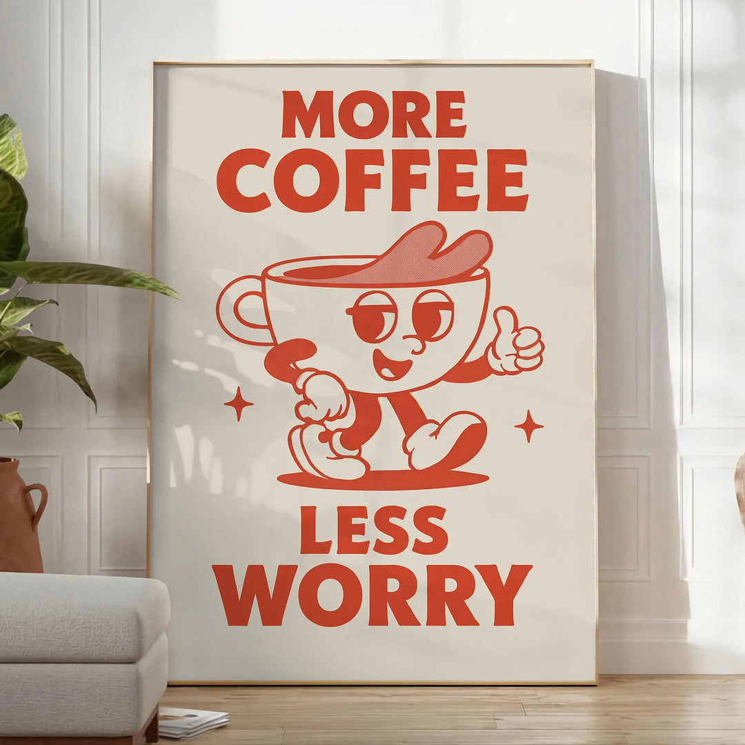 Póster de cocina "Más café, menos preocupaciones" en gris elegante y naranja vibrante, ideal para entusiastas del café. Dispo