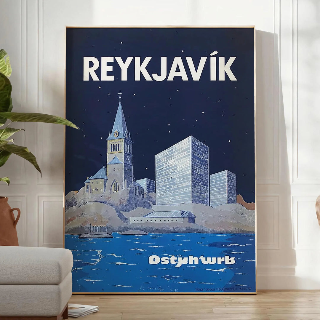 Plakat w stylu art déco przedstawiający piękno Reykjaviku, w żywych odcieniach niebieskiego i zielonego. Idealny do dekoracji