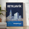 Plakat w stylu art déco przedstawiający piękno Reykjaviku, w żywych odcieniach niebieskiego i zielonego. Idealny do dekoracji