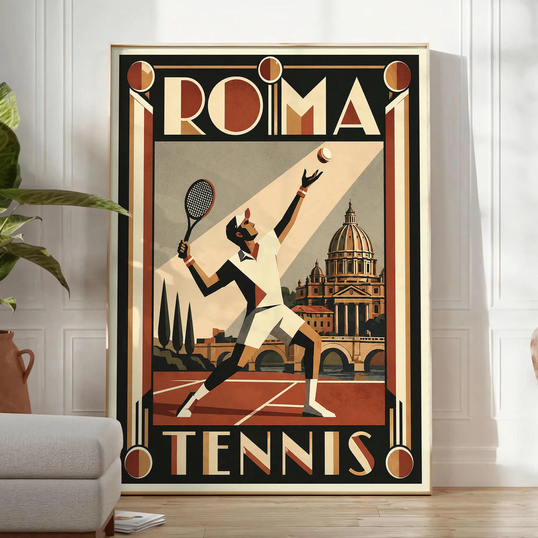 Stilvolles Roma Tennis Poster in Schwarz und Grau, perfekt für Sportliebhaber und Kunstfreunde. Erhältlich in verschiedenen G