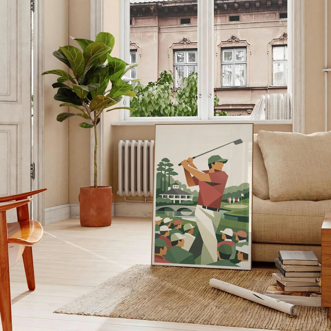 Affiche de style vintage représentant une scène de golf à Augusta, États-Unis, avec des tons bruns et verts riches
