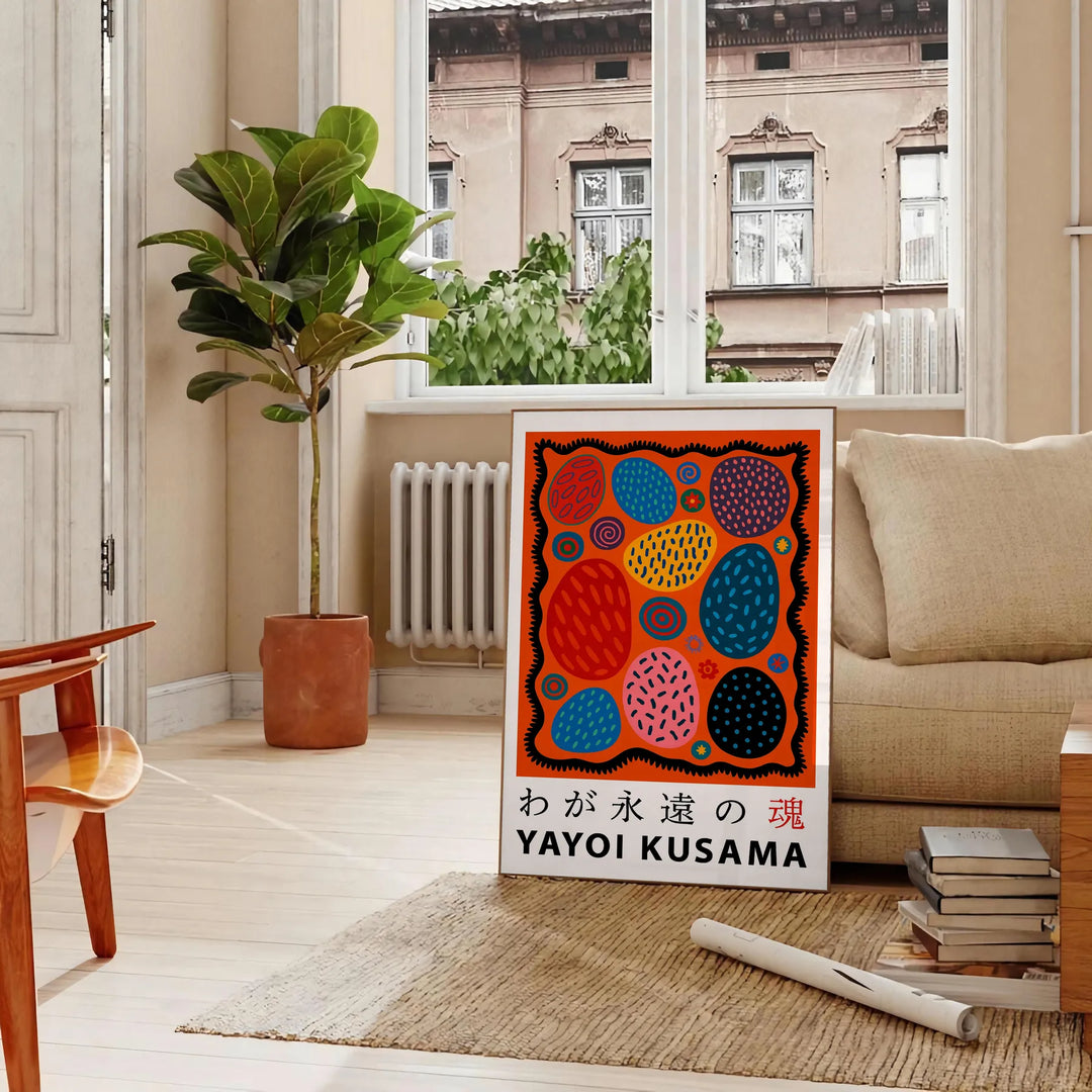 Yayoi Kusama affisch i röd och svart, mått 50x70 eller 30x40, perfekt för hem- eller studiodekor