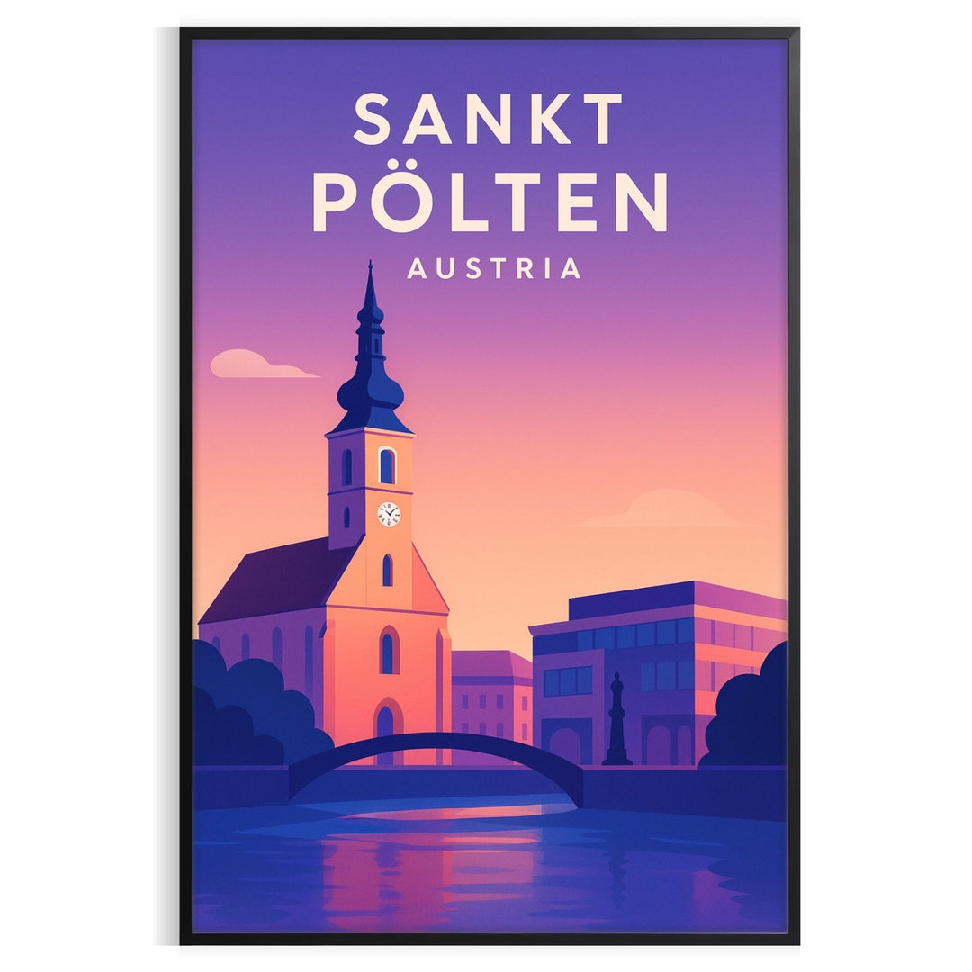 Sankt Pölten Plakat, minimalistisches Stadtbild in Grau und Lila