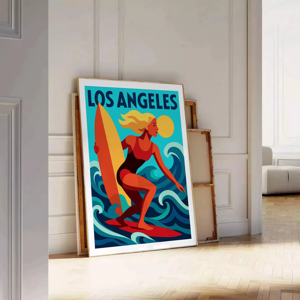 vibrant spirit waves Los Angeles Surf poster red blue colors beach lovers enthusiasts eye artwork available multiple sizes yours today space formats A4 cm A0