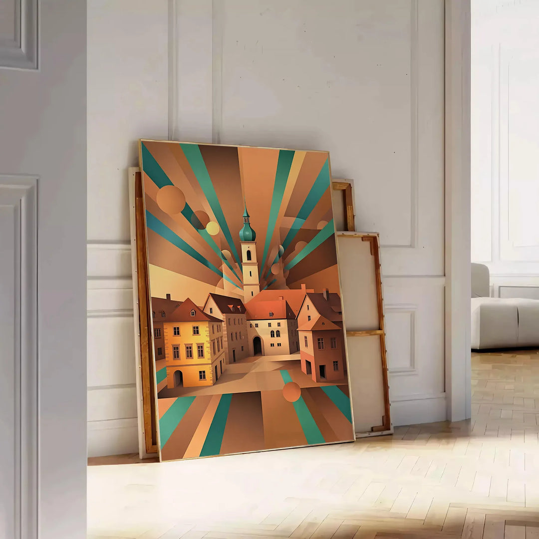 Poster Art Déco di České Budějovice nei toni del giallo e blu