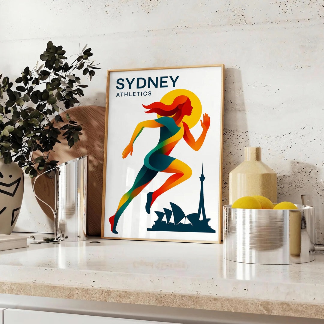 affiche dynamique athlétisme Sydney un incontournable passionnés sport couleurs vertes rouges une touche énergique décoration disponibles cm unique cadre