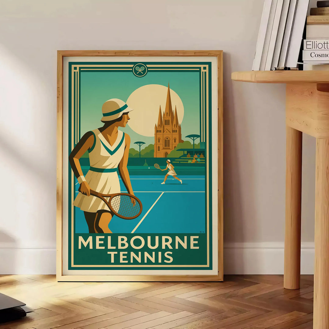 Póster de tenis de Melbourne en tonos marrones y verdes, disponible en tamaños de 50x70 cm y 30x40 cm. Perfecto para decorar