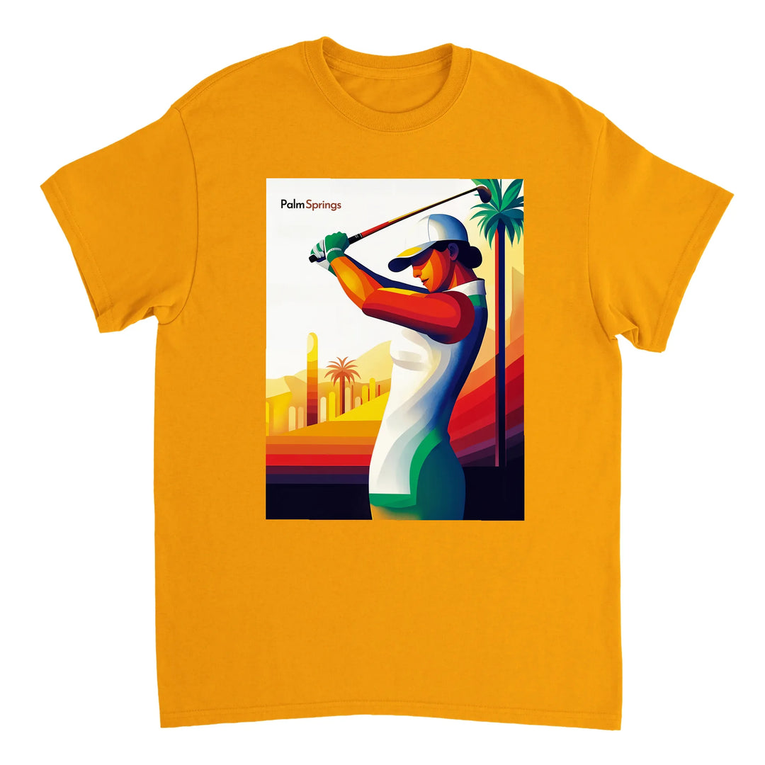 ゴルフパームスプリングスTシャツ。快適なコットン素材で、パームスプリングスの活気ある雰囲気を表現。ゴルフ愛好者や日差しを楽しむ人に最適な一枚です。