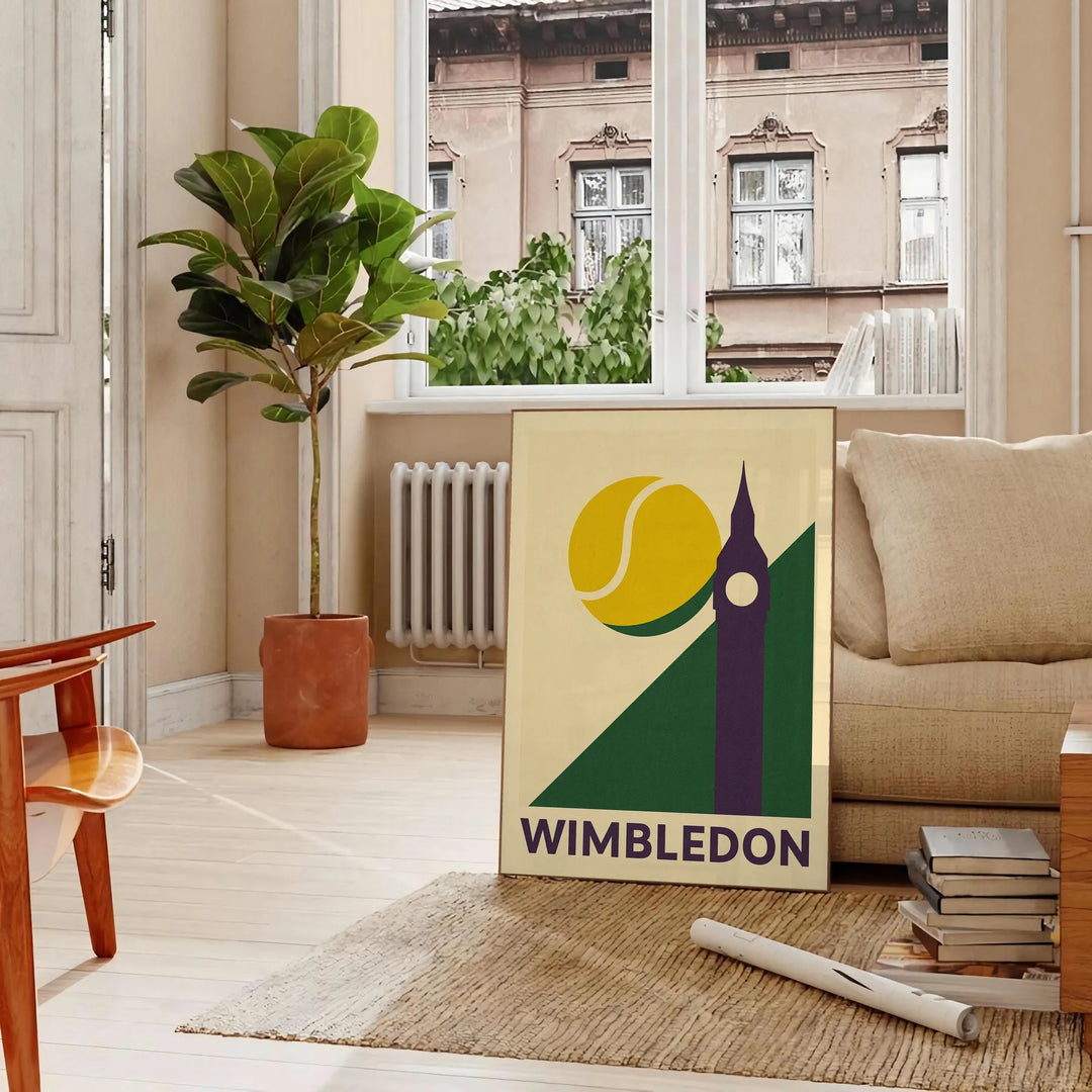 ウィンブルドンテニスの夜を描いたポスター。グレーとグリーンの美しい色合いが特徴で、スポーツ愛好家に最適。部屋をエレガントに演出します。
