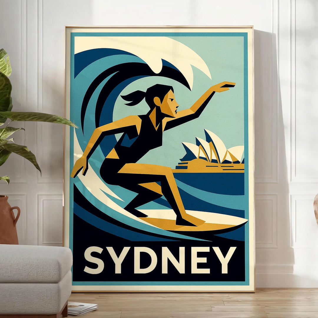 Stilren poster som fångar den livliga energin från surfen i Sydney, i gröna och grå nyanser. Finns i storlekarna 50x70 eller