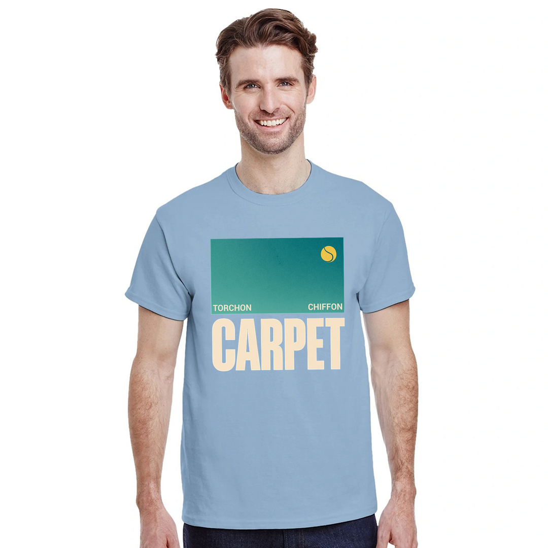 テニス愛好者にぴったりのトーチシフォンカーペットTシャツ。快適な着心地と鮮やかなデザインが魅力。サイズはSからXXLまで選べます。