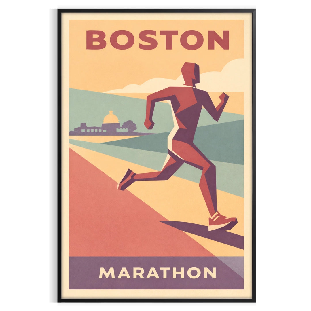 Boston Marathon poster featuring runners with orange and brown tones