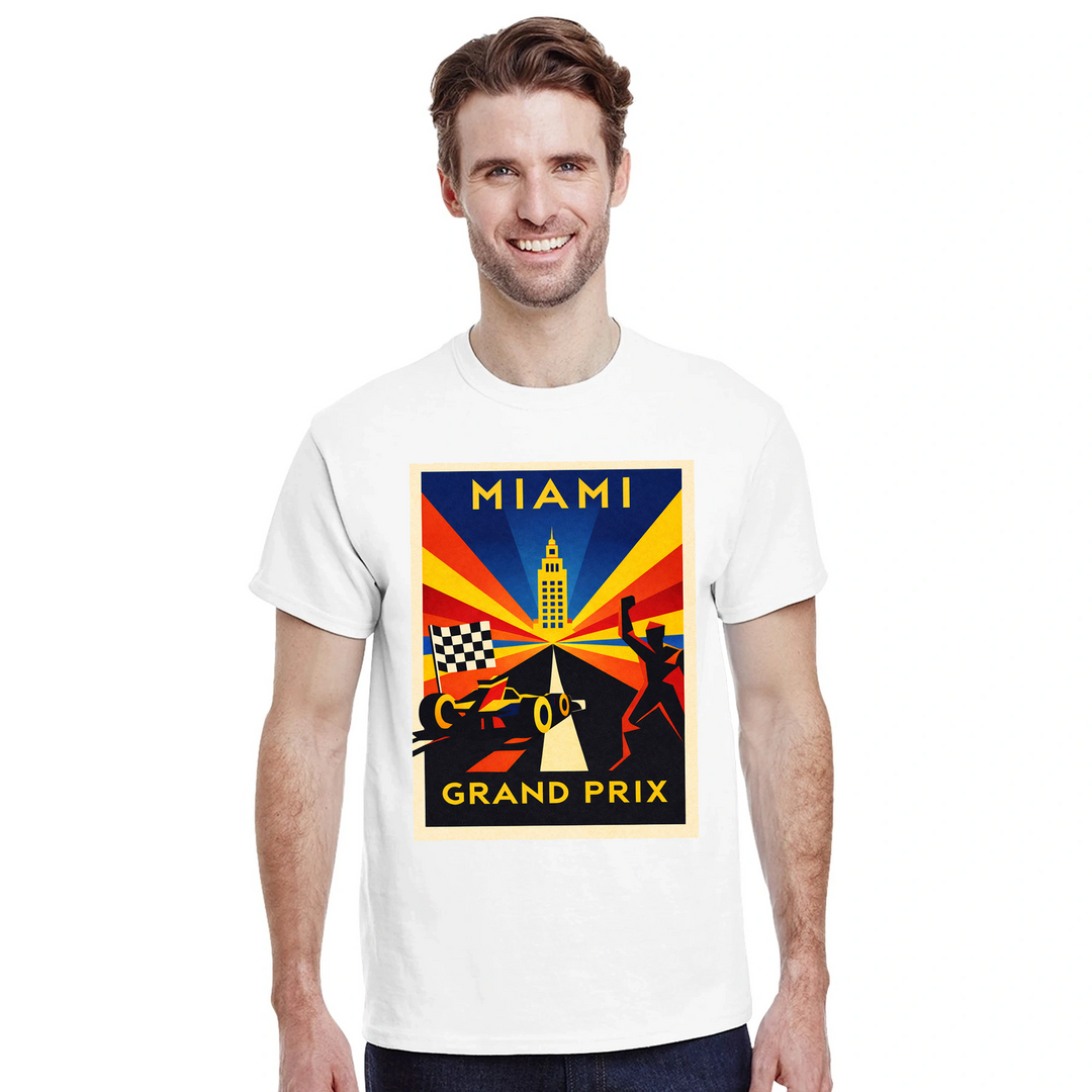 Miami F1 t-shirt i en färgstark design, hyllar den pulserande energin från Formel 1-scenen i USA. Finns i storlekar S till XX