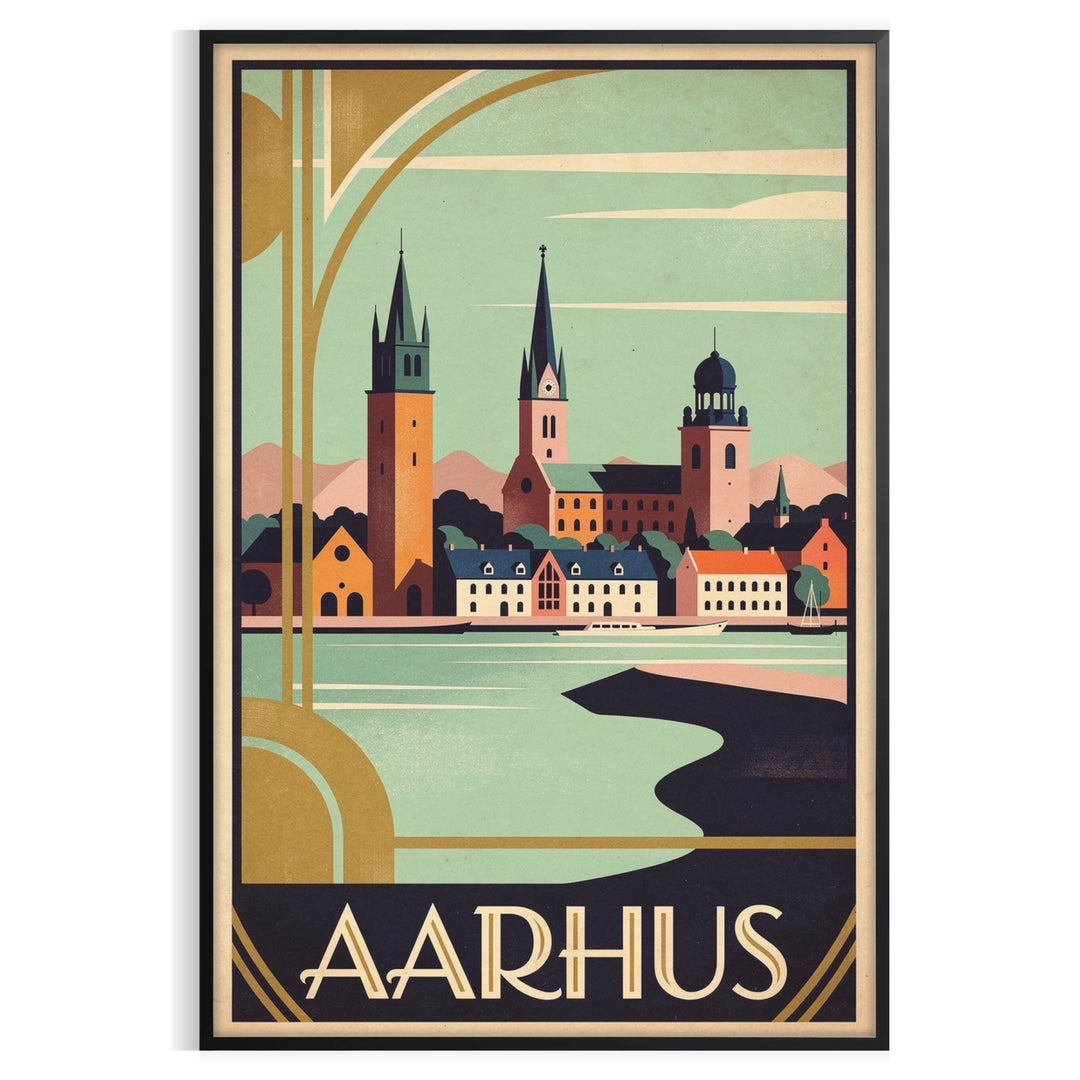Vintage Art Déco Aarhus Denmark poster with orange and brown cityscape design