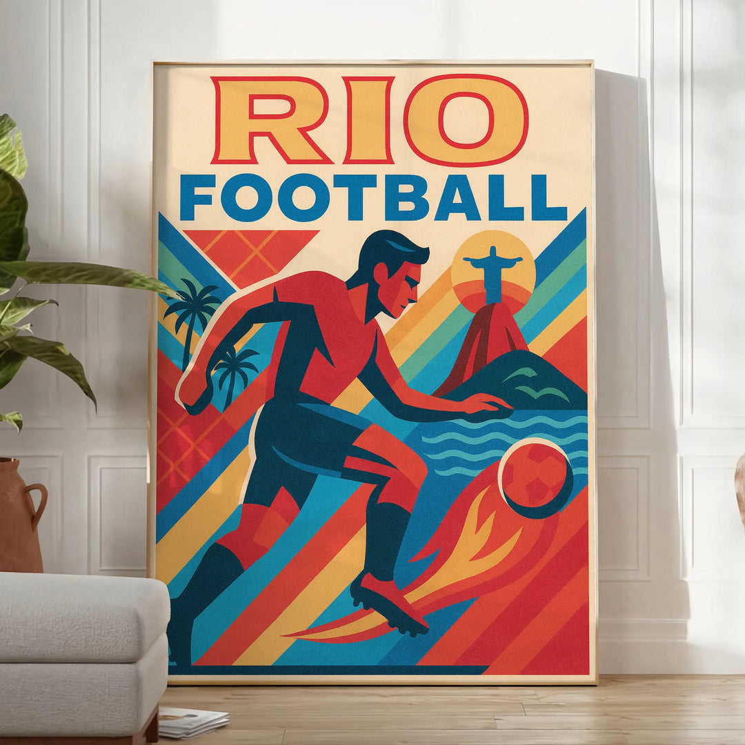 Vintage poster med Rio fotbollstema i livfulla gula och blå färger, perfekt för sportentusiaster. Finns i storlekarna 50x70 o