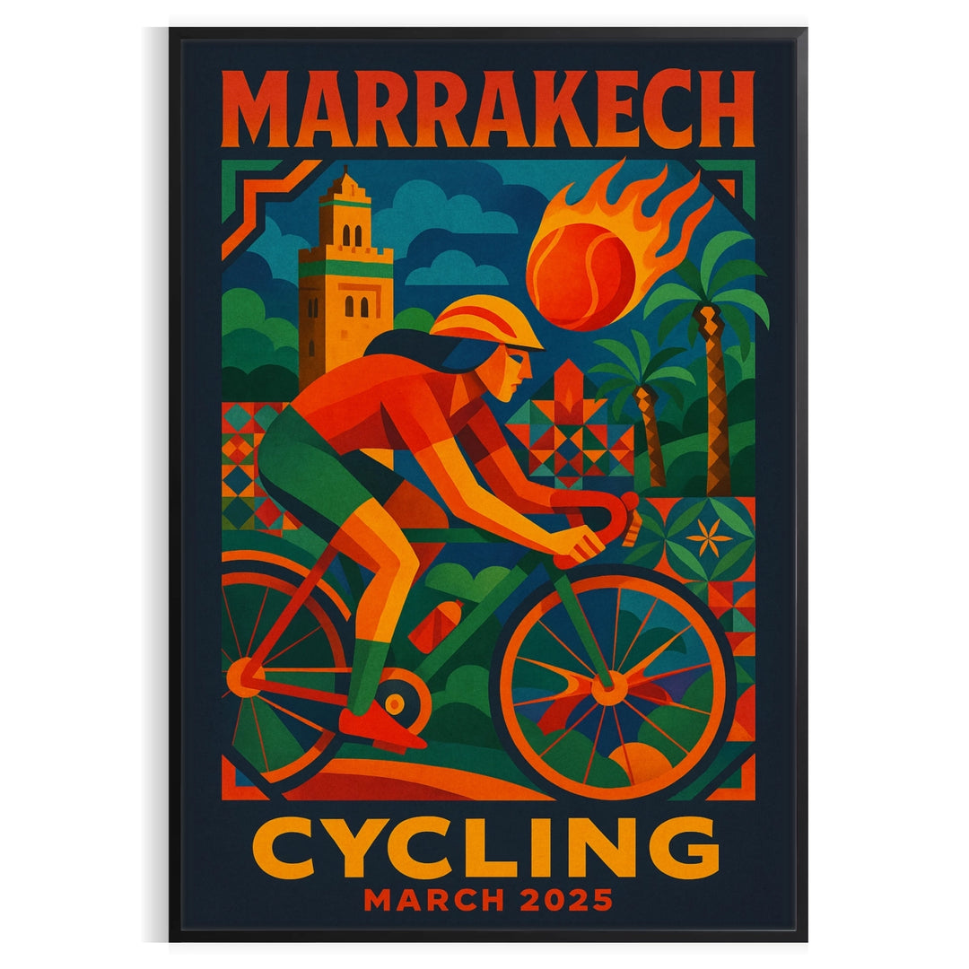 vibrant charm Marrakech vintage cartoon cycling poster orange blue hues sized eye art piece unique flair space today touch whimsy decor unframed options