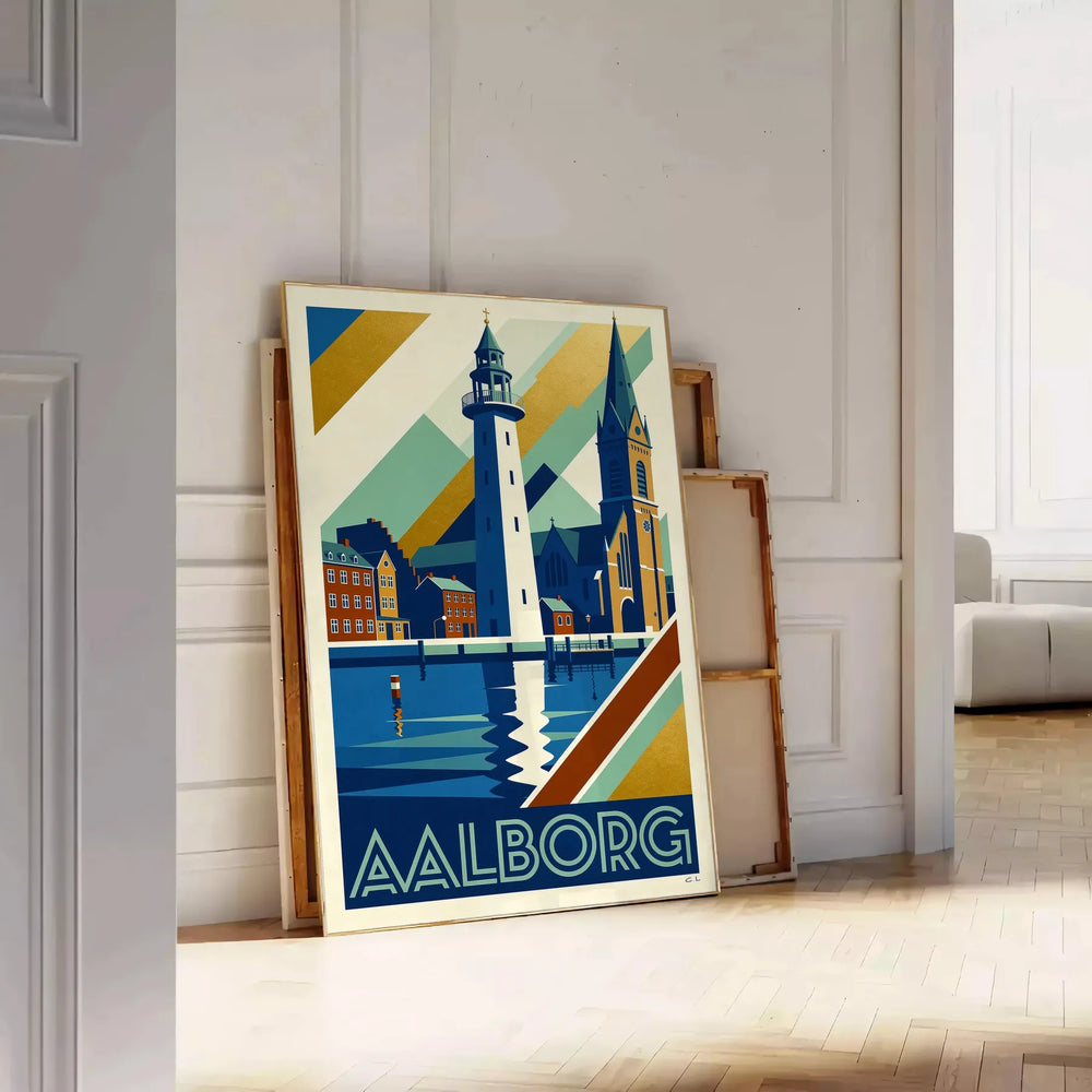 Art Déco poster of Aalborg, Denmark in blue and brown tones