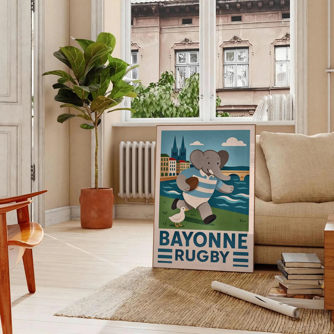 stunning vintage art deco rugby poster charming kid elephant Bayonne delightful artwork spirit vibrant detail perfect addition space dimensions cm decor unique print sizes A4 A0