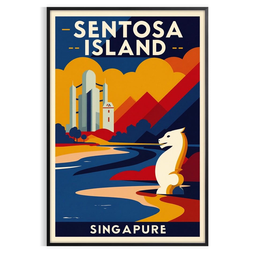 charm Sentosa Island stunning vintage travel art deco poster vibrant orange blue hues artwork nostalgia space unique cm dimensions decor A4 A0