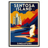 Vintage Reiseposter von Sentosa Island, Singapur im Art Deco-Stil. Lebendige orange und blaue Farbtöne bringen Nostalgie in I