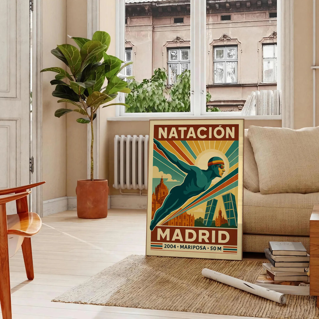 Peldēšanas Madrides plakāts ar bagātīgām brūnām un sarkanām krāsām, pieejams 50x70 cm vai 30x40 cm izmēros, rāmis vai bez rām
