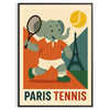 子供部屋や遊び場にぴったりのエレファントテニスポスター。鮮やかな緑とオレンジの色合いが魅力的です。