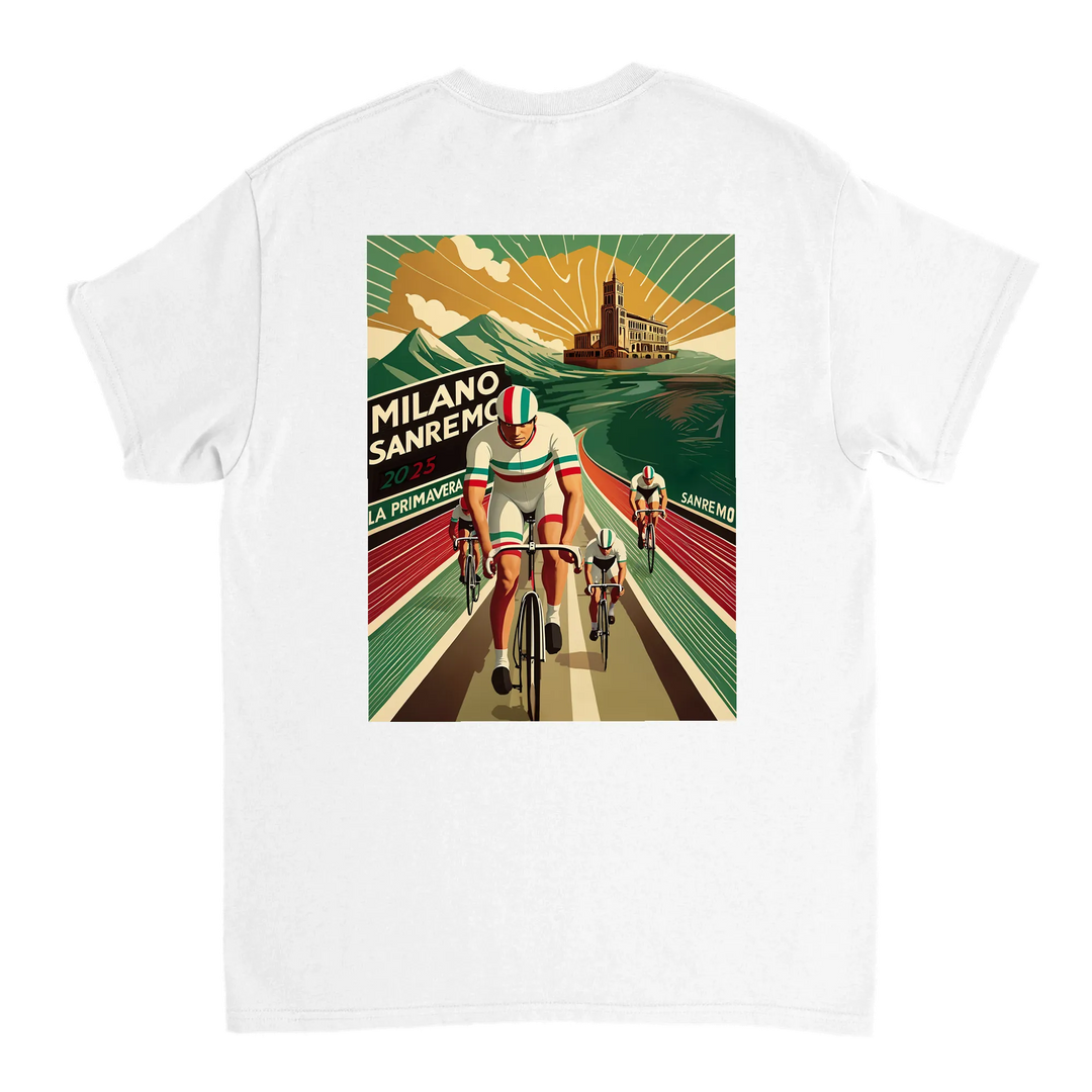 Koszulka Milano Sanremo z unikalnym wzorem, idealna dla miłośników kolarstwa. Dostępna w rozmiarach S, M, L, XL