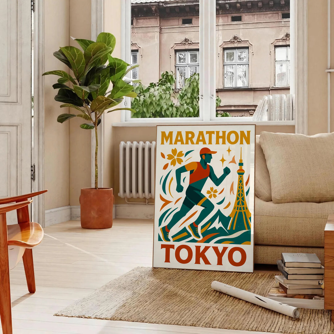 Pôster de corrida de maratona de Tóquio, com design elegante em tons de cinza e azul, ideal para entusiastas da corrida. Disp