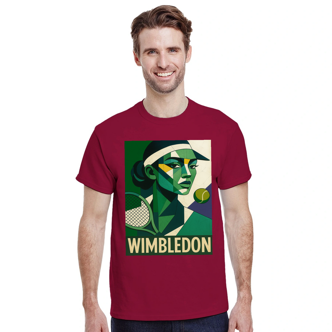 ウィンブルドン・キュビスト・テニスTシャツ。ユニークなキュビズムデザインが特徴で、テニス愛好者にもファッション好きにも最適なアイテム。サイズはS、M、L、XL、XXLがあります。