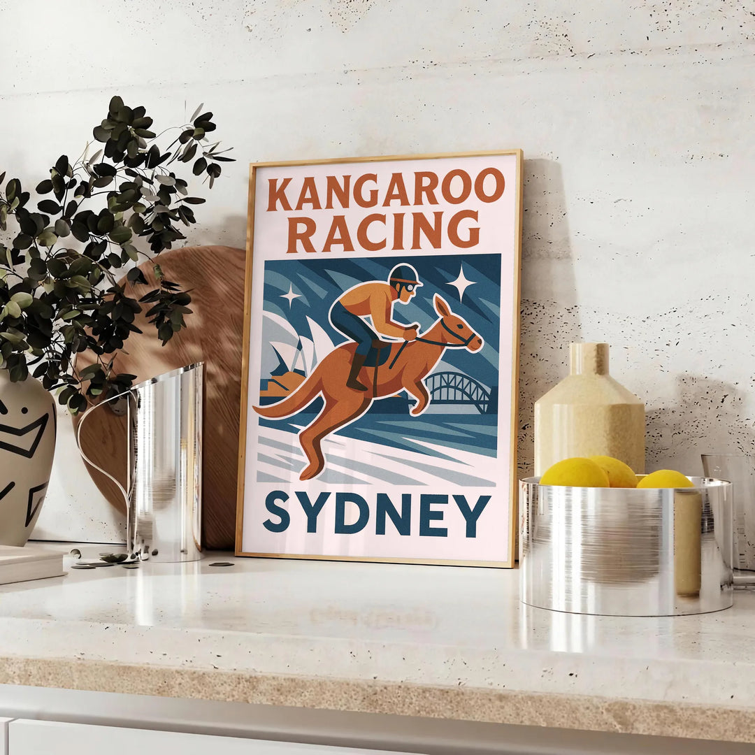 Färgglad poster med kangaroo racing i Sydney, perfekt för djurälskare och sportentusiaster. Finns i flera storlekar