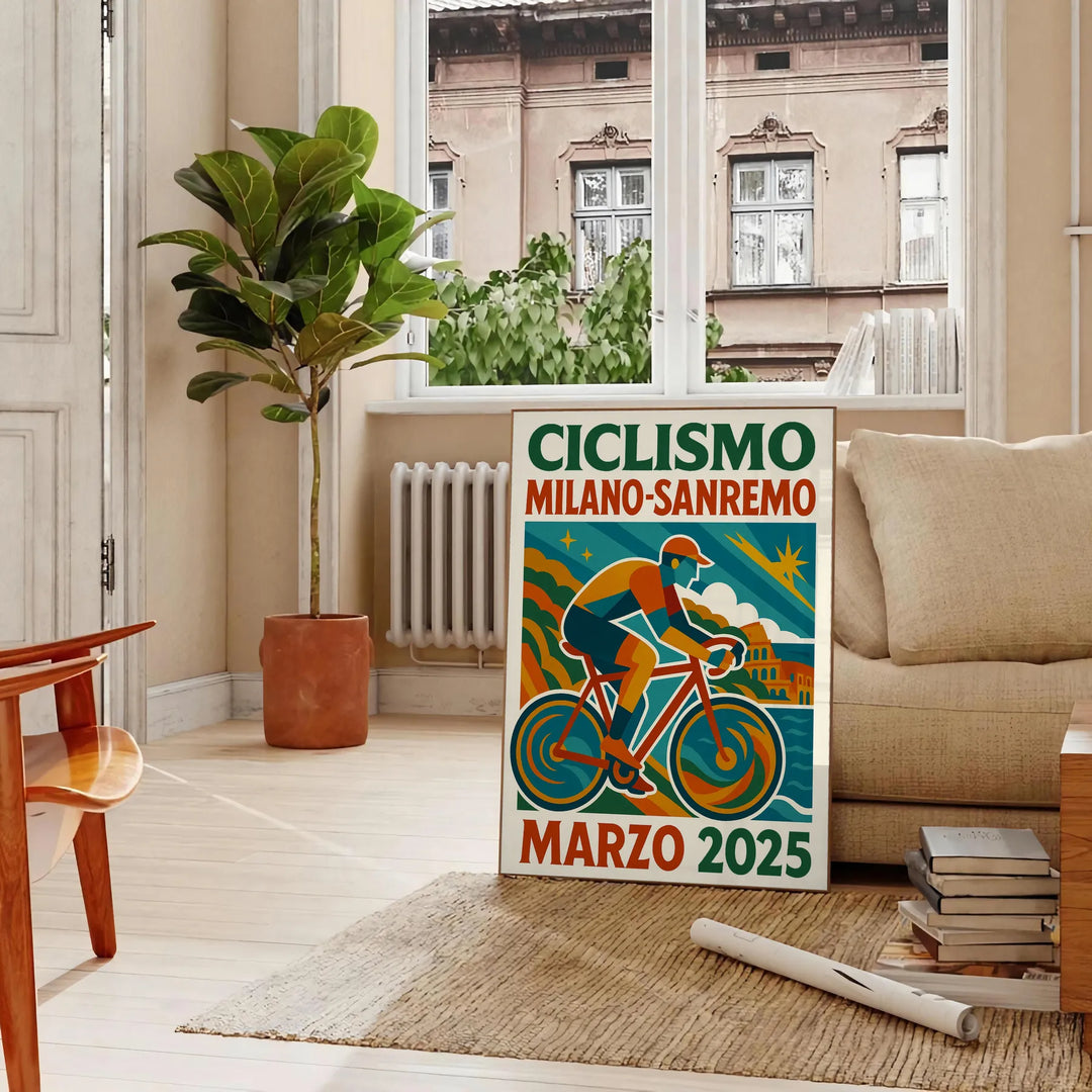 Fira spänningen från Milano Sanremo cykeltävlingen med vår livfulla poster i stark röd och blå. Perfekt för cykelentusiaster