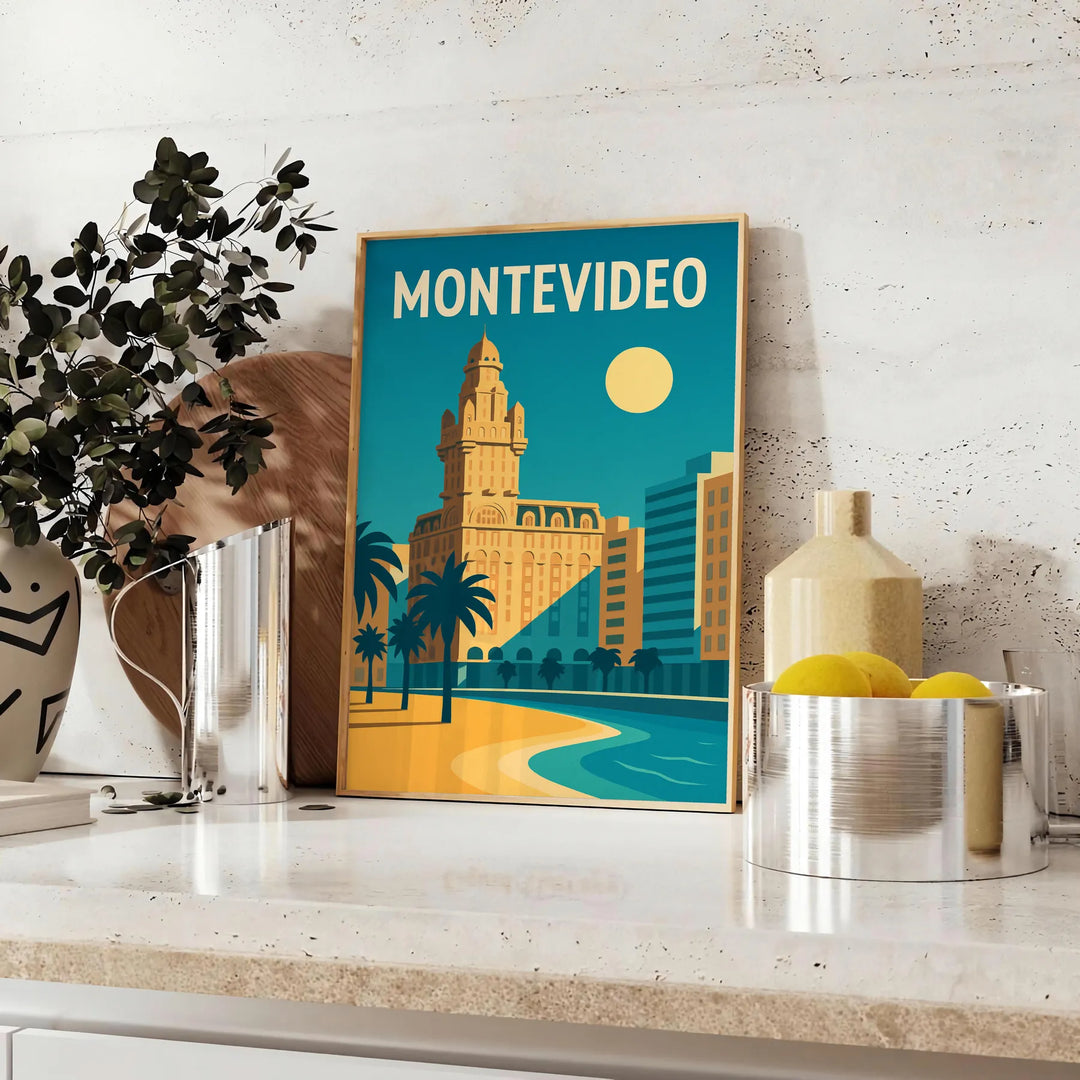Montevideo Uruguay Art Déco poster with blue and yellow geometric design