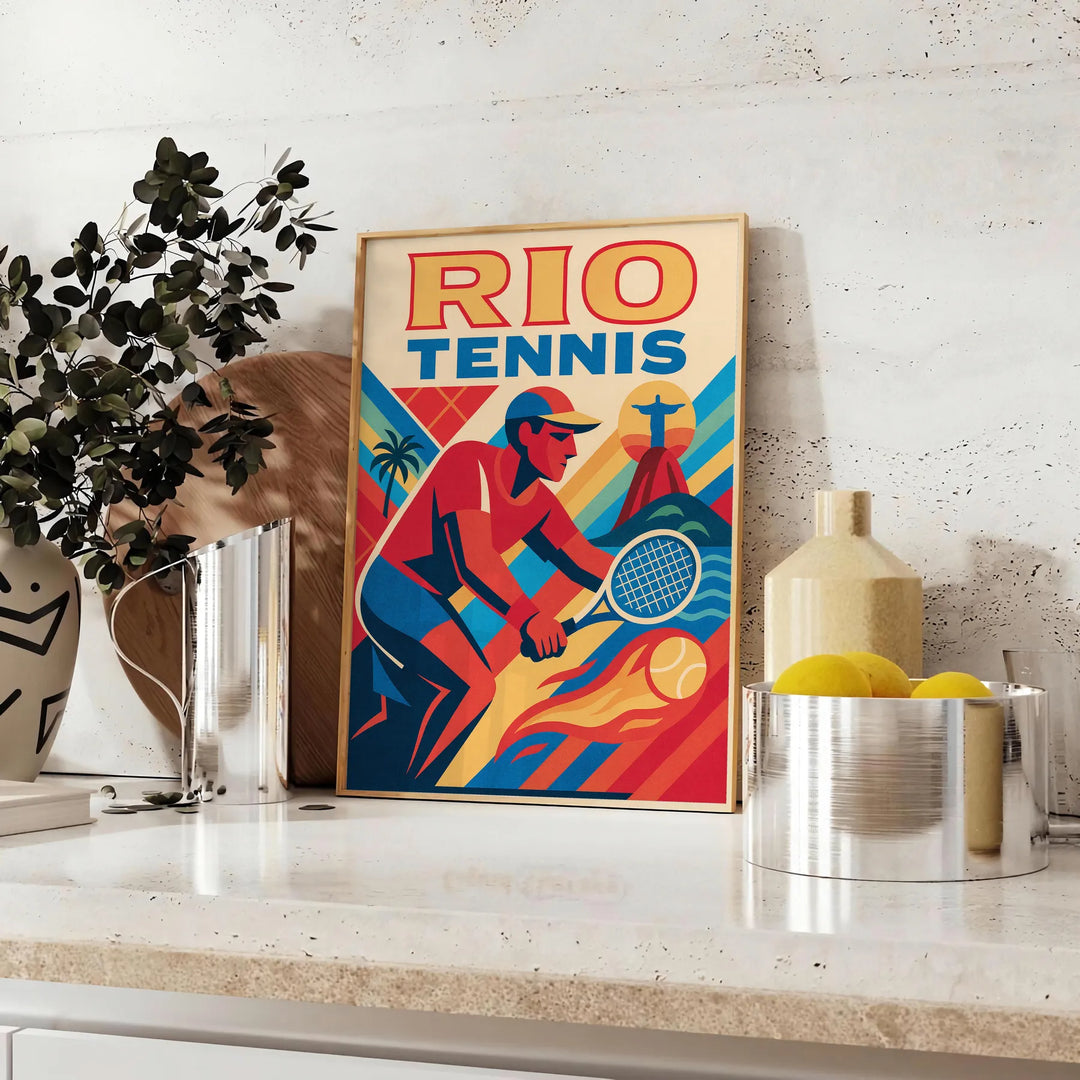 リオテニスのヴィンテージポスター、ブラウンとレッドの美しい色合いが特徴。サイズは50x70または30x40 cmで、テニス愛好家やヴィンテージ好きにぴったりなアート作品。フレーム付きまたはフレームなしで購入可能。