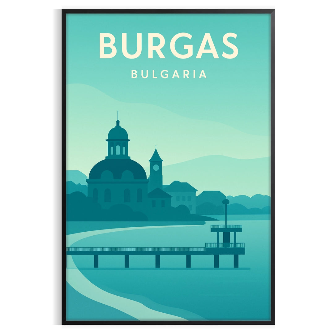Poster showing stylized Burgas cityscape artwork in blue and green tones