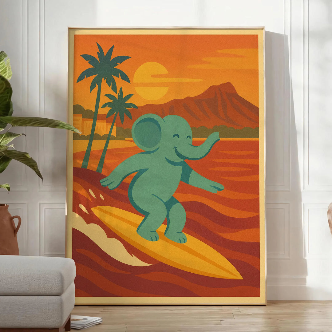 affiche adorable Kid Elephant Surf un incontournable une touche ludique décoration chambre enfant nuances gris vert art mural intérieur disponibles cm poster