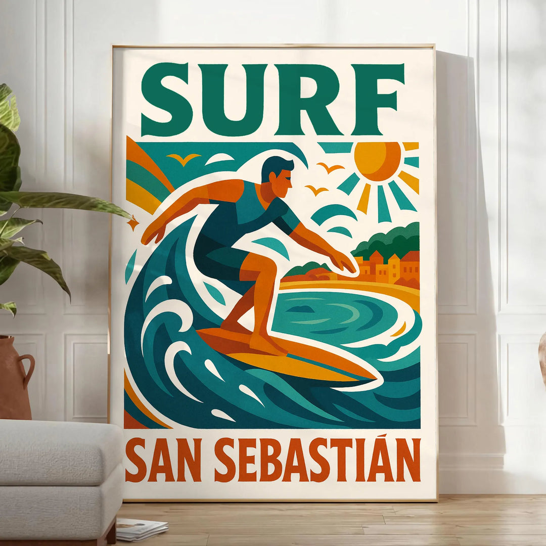 Ανακαλύψτε την ζωντάνια του surfing στη Σαν Σεμπαστιάν με αυτό το εντυπωσιακό μπλε και λευκό πόστερ, ιδανικό για κάθε χώρο. Δ