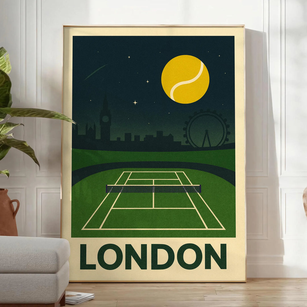 ロンドンの夜のテニスの活気を捉えた美しいグレーとグリーンのポスター。スポーツ愛好家や都市の魅力を楽しむ方に最適なアート作品。
