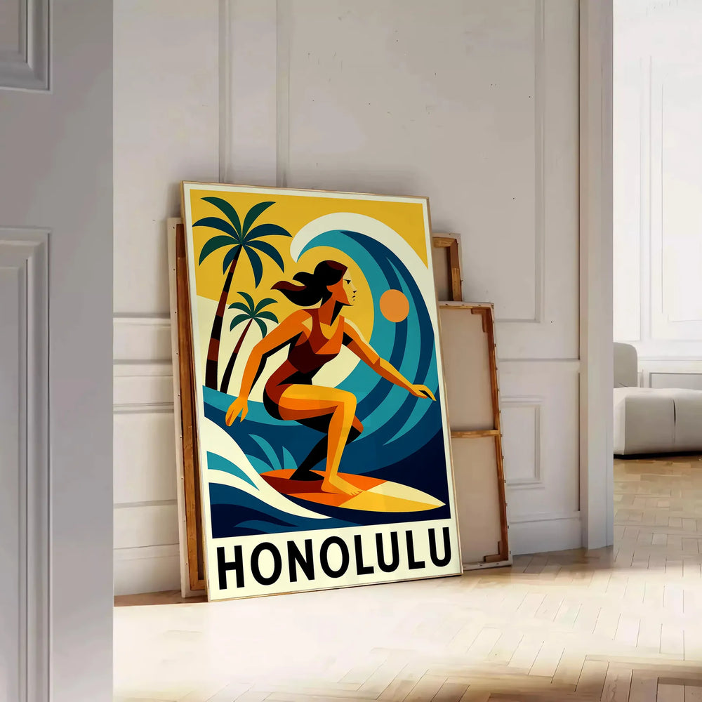 vibrant spirit surf culture stunning Honolulu poster energetic red blue hues eye essence waves space splash adventure available