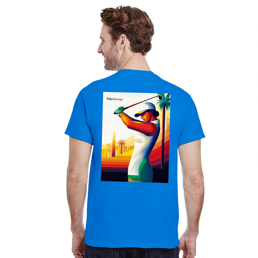 ゴルフパームスプリングスTシャツは、快適さとスタイルを兼ね備えたデザインです。パームスプリングスの陽気な雰囲気を楽しむゴルフ愛好者に最適です。