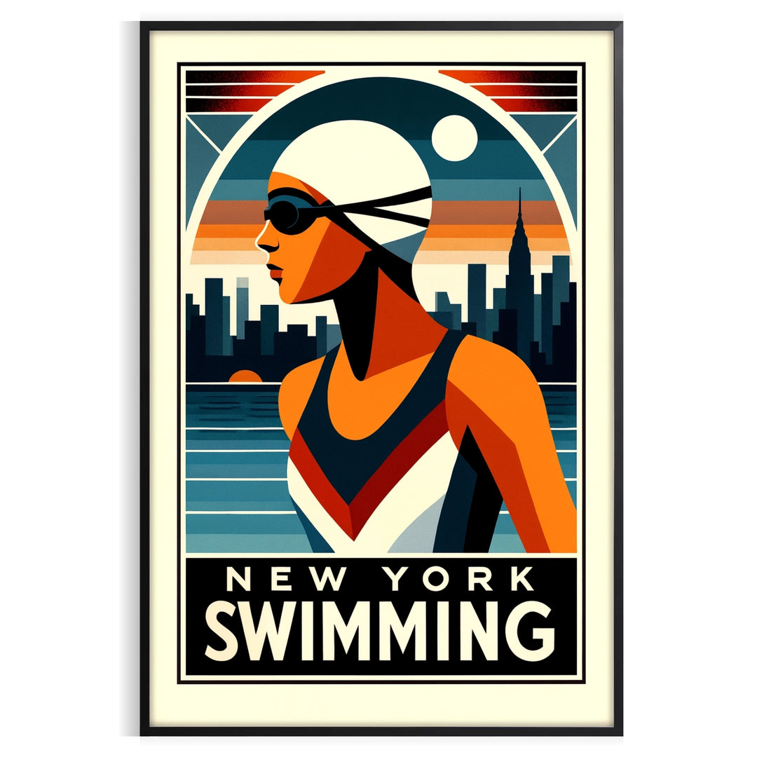 vibrant energy New York striking red black swimming poster aquatic enthusiast city lover eye artwork dimensions space available