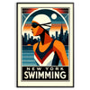 Svart och röd affisch med motiv av simning i New York, tillgänglig i storlekarna 50x70 eller 30x40, perfekt för simmare och s