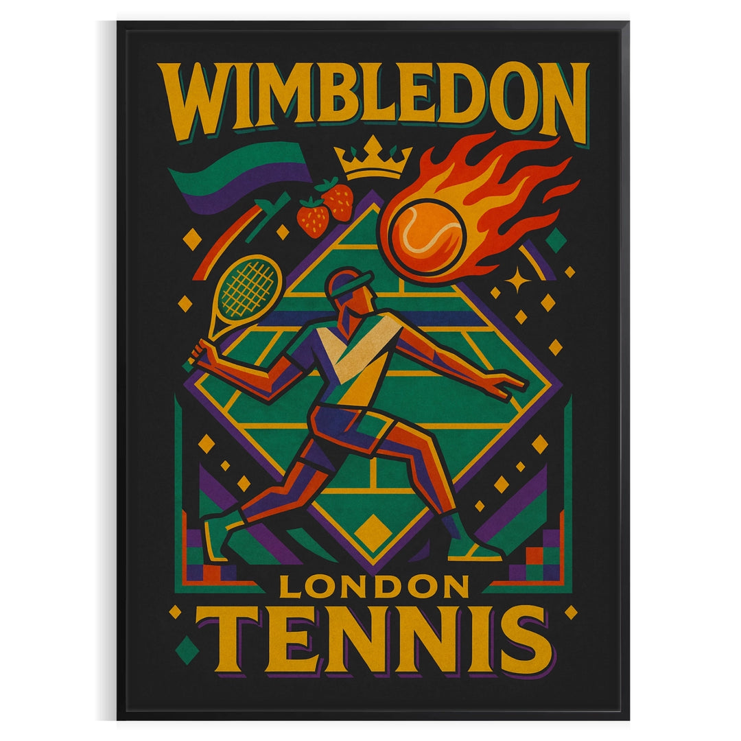 space Wimbledon Vintage Cartoon Tennis Poster vibrant green purple color palette whimsical design spirit fun nostalgic way sports lovers art enthusiasts today A4 cm A0